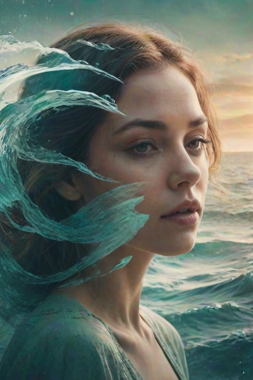 create Book cover, A surreal double exposure portrait that blends a woman's face with a beautiful seascape. The overall mood is dreamy and mystical, with rich colors and intricate details