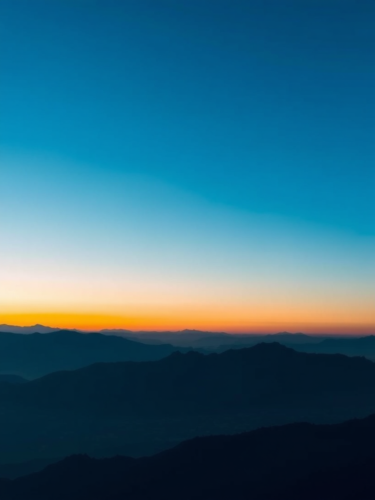 Create a high-resolution digital landscape featuring a gradient sky transitioning from blue to orange, with abstract mountain silhouettes in the foreground, shot with a DSLR camera at f/8 aperture, ISO 200, 24mm focal length, in a low-angle view for enhanced depth and detail.