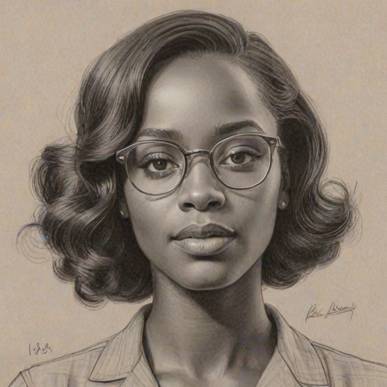 Fetching Aja Naomi King, pencil sketch, portrait of Ravishing woman 1933s in glasses, hair style beatnik, outline, clear lines, fine lines, 8k