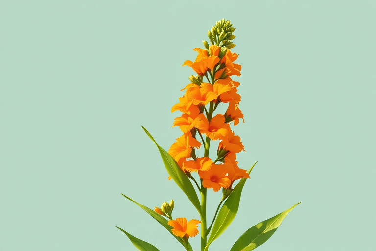create a vibrant illustration of a tall orange flower with green leaves and a simple background, use a Canon EOS 5D Mark IV, aperture f/4, focal length 50mm, ISO 100, natural soft lighting, centered composition