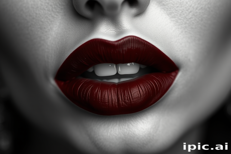 Luxurious deep wine lips with a velvet matte finish, exuding sophistication and allure, captured in a vintage-inspired black and white portrait