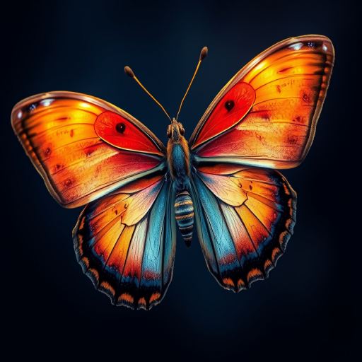 create a high-resolution illustration of a butterfly with vibrant colors, set against a dark blue background, using a Canon EOS R5 with an 85mm f/1.2 lens at ISO 100, f/2.8 aperture for sharp details and a soft bokeh effect, focus on intricate wing patterns and textures.