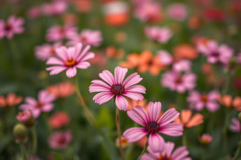 soft focus close-up of pink and coral flowers in a lush green field, aperture f/2.8, ISO 100, 50mm lens, shallow depth of field, natural light, DSLR camera