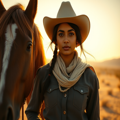 Dramatic photo of a beautiful Bangladeshi woman, classic cowboy attire, confident and free spirit expression, half-length portrait, centered, golden hour desert landscape, warm, diffused light, low angle, medium format film camera, in style of Annie Leibovitz.