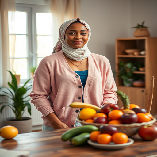 Regenerate the image of a woman standing in a softly lit room, wearing a pastel cardigan and headscarf, surrounded by a variety of colorful fruits on a wooden table, using a Canon EOS R5 camera, with a 50mm f/1.2 lens, aperture set to f/2.8, ISO 100, and a slightly upward angle for a warm, inviting atmosphere.