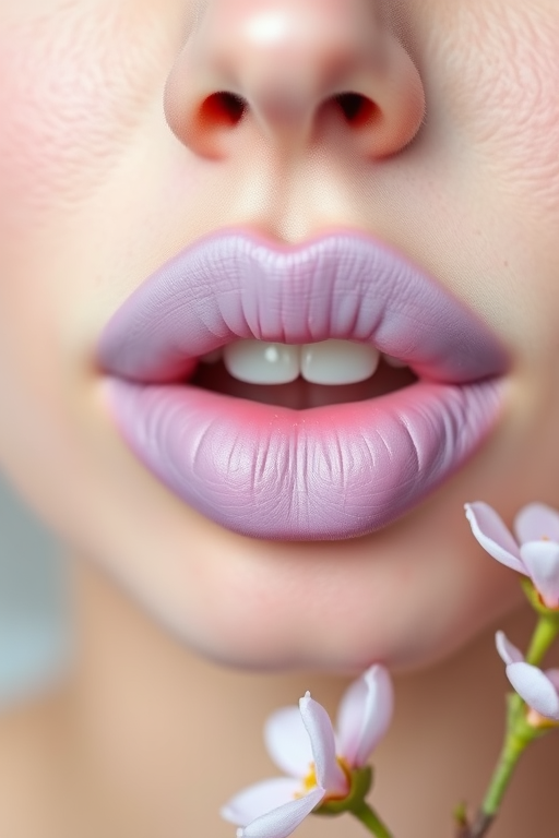 Playful pastel lavender lips exude whimsical charm, featuring a soft matte finish and delicate lilac hues that evoke springtime freshness