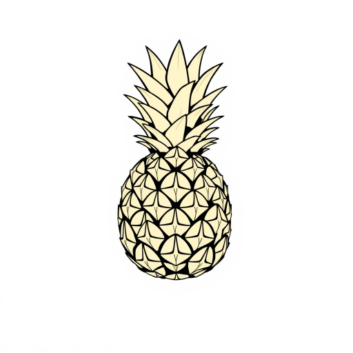 Create a high-resolution illustration of a pineapple with clear, defined lines against a white background, using a DSLR camera with a 50mm lens, aperture set to f/8 for sharp detail, ISO 100 for minimal noise, and a slight overhead angle for a dynamic view.