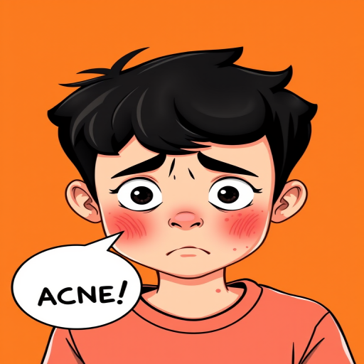 Create a digital illustration of a concerned boy with acne, featuring an expressive face and a speech bubble highlighting a pimple, in a vibrant orange background, using a Canon EOS R5 camera with a 50mm lens, aperture f/2.8, shutter speed 1/200s, ISO 100, in a high-resolution style, front view, flat design.