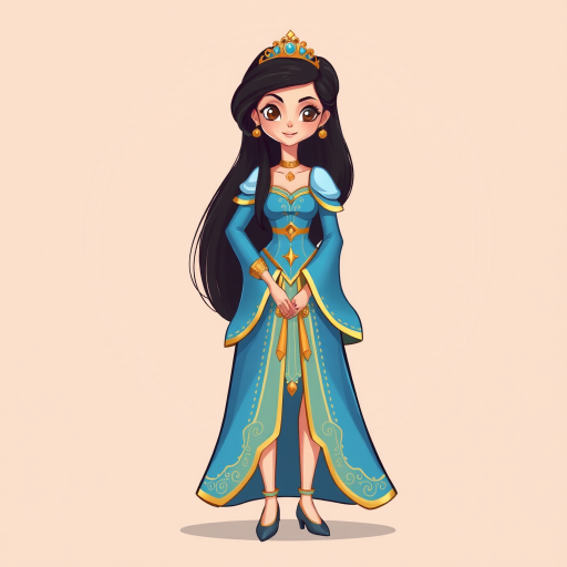 Create an illustration of an animated princess with long dark hair, wearing a detailed flowing blue outfit and gold accessories. She stands confidently, exuding charm and grace.