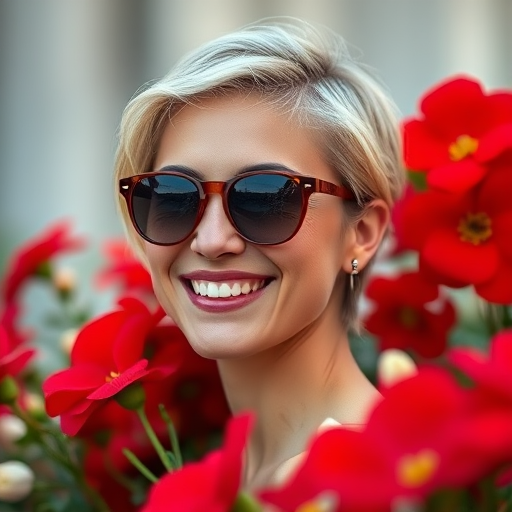 Portrait of a smiling woman with short blonde hair wearing sunglasses, surrounded by vibrant red flowers, soft focus background, natural light, focal length 50mm, aperture f/1.8, ISO 100, shot with a DSLR camera in a controlled studio environment.