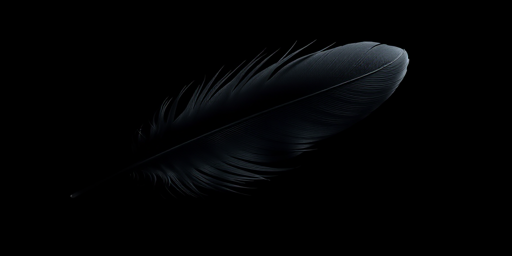 Capture a high-resolution image of a sleek black feather softly illuminated against a dark background using a DSLR camera with a 50mm lens, f/1.8 aperture, ISO 200, and a shallow depth of field to create a dramatic effect.