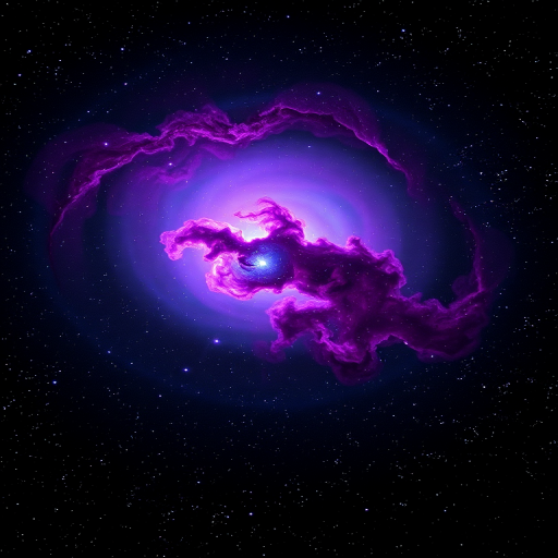 A vibrant cosmic nebula with swirling colors of purple and blue against a black background, intricate details in the stars, captured with a DSLR camera at f/2.8, ISO 800, 30 seconds exposure, wide-angle lens, long exposure style.