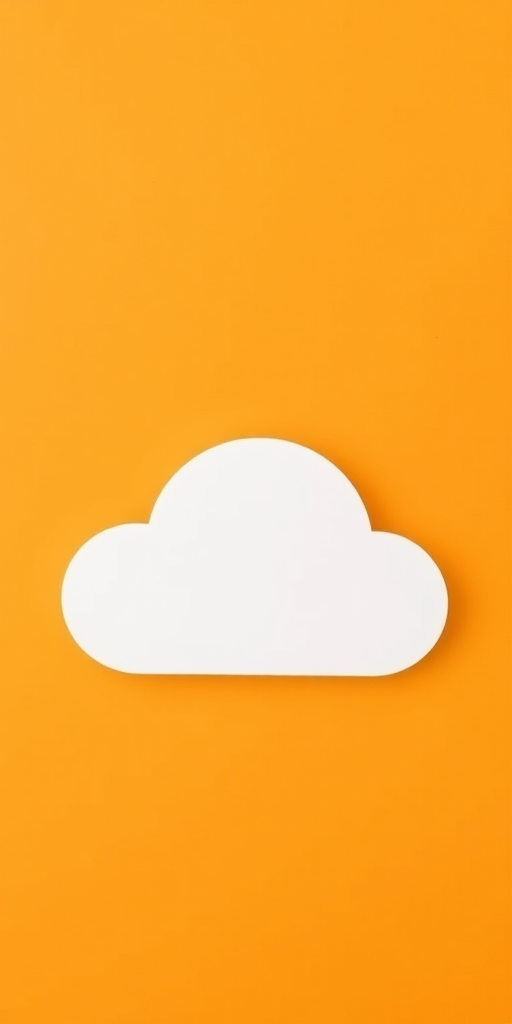 Generate a minimalistic design featuring a white cloud icon on a solid orange background, using a Canon EOS R5 with a wide aperture of f/2.8, shutter speed of 1/1000 sec, ISO 100, shooting from a top-down view with a flat lay style to enhance clarity and color vibrancy.