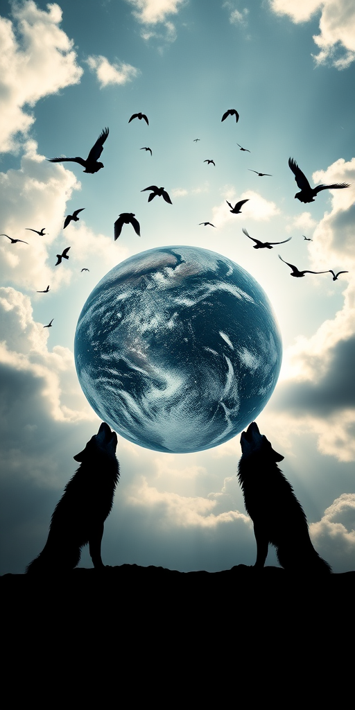 Create a high-resolution image of a poster featuring a 3D globe set against a cloudy sky with flying birds, incorporating the shadows of two howling wolves in an artistic style, shot with a DSLR camera at f/8 aperture, ISO 200, 24mm focal length, in natural light.