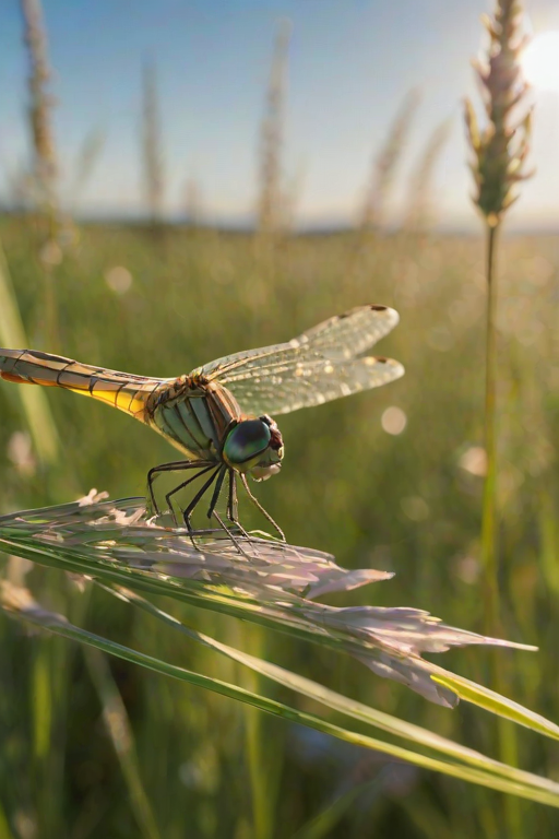 Sharp, detailed close-up of a dragonfly resting on a blade of grass, soft sunlight illuminating its translucent wings, with distant wildflowers and a blue sky in soft focus.