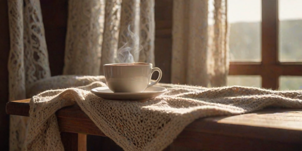 Close-up of a steaming cup of coffee on a rustic wooden table, sunlight filtering through lace curtains, with a cozy knit blanket draped over a chair in the background.