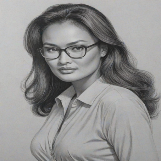 Charming Tia Carrere, pencil sketch, portrait of Elegant woman 1958s in glasses, hair style beatnik, outline, clear lines, fine lines, 8k
