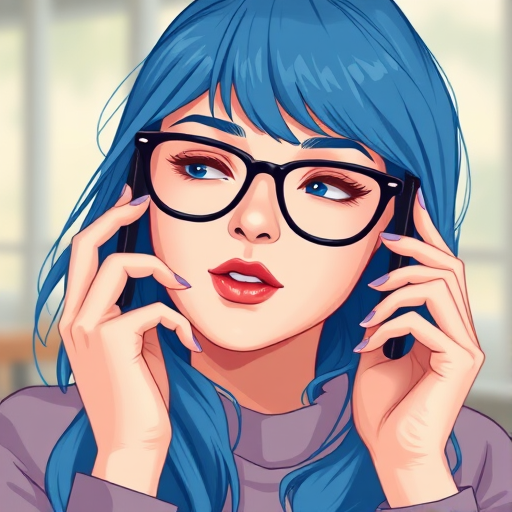Create an illustration of a woman with glasses and blue hair talking on a phone, using a soft color palette, capture it with a DSLR camera at f/2.8 aperture, ISO 100, 50mm lens, focusing on vibrant details and smooth textures, with a slight blur background to enhance depth.