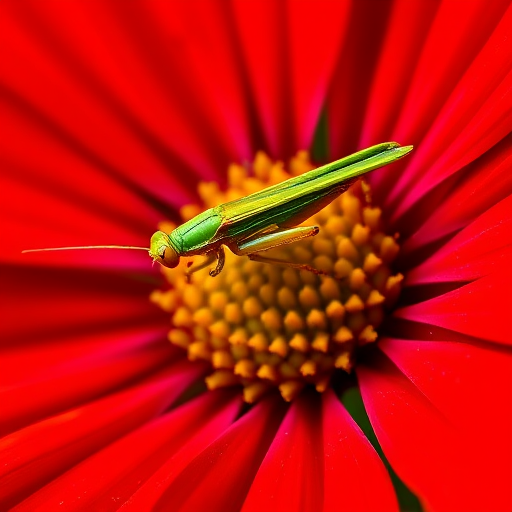 macro shot of a vibrant red flower with a green grasshopper resting on it, shallow depth of field, f/2.8, ISO 100, 1/200 sec, 50mm lens, natural light, taken with a DSLR camera