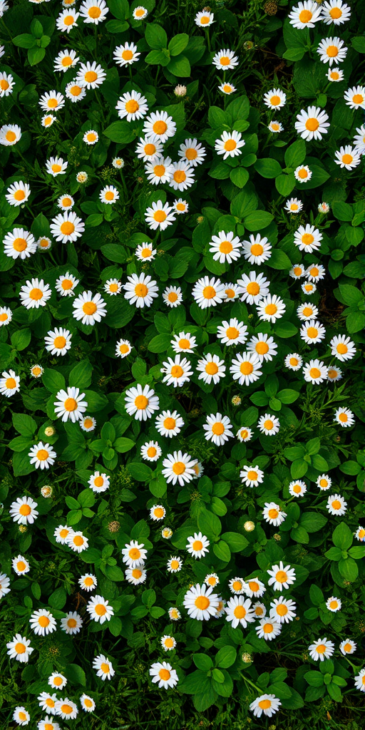 a top-down view of a lush green field filled with white daisies and clover, aperture f/8, ISO 200, shutter speed 1/250s, Nikon D850, macro photography style