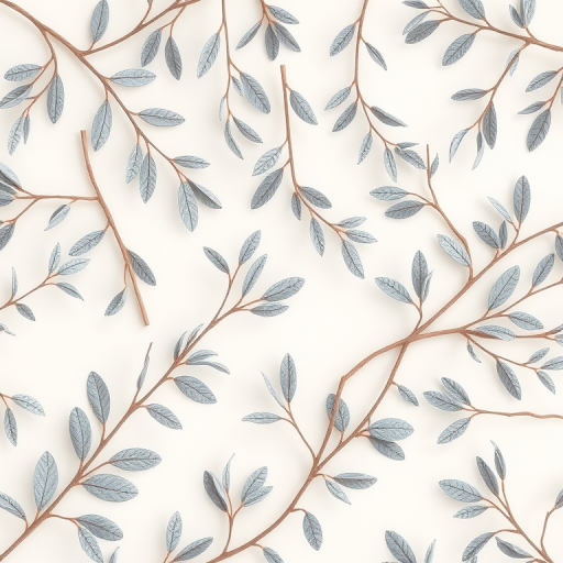 Create a seamless pattern of delicate gray leaf branches against a soft off-white background, using a macro lens, f/4 aperture, 50mm focal length, and soft natural lighting to enhance texture and details.
