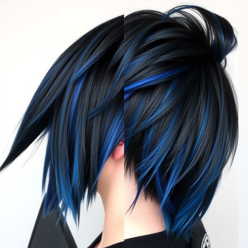 Dramatic jet black hair with electric blue peek-a-boo highlights, styled by Raven Midnight, featuring an edgy undercut design and razor-sharp angles in a modern interpretation of a mullet