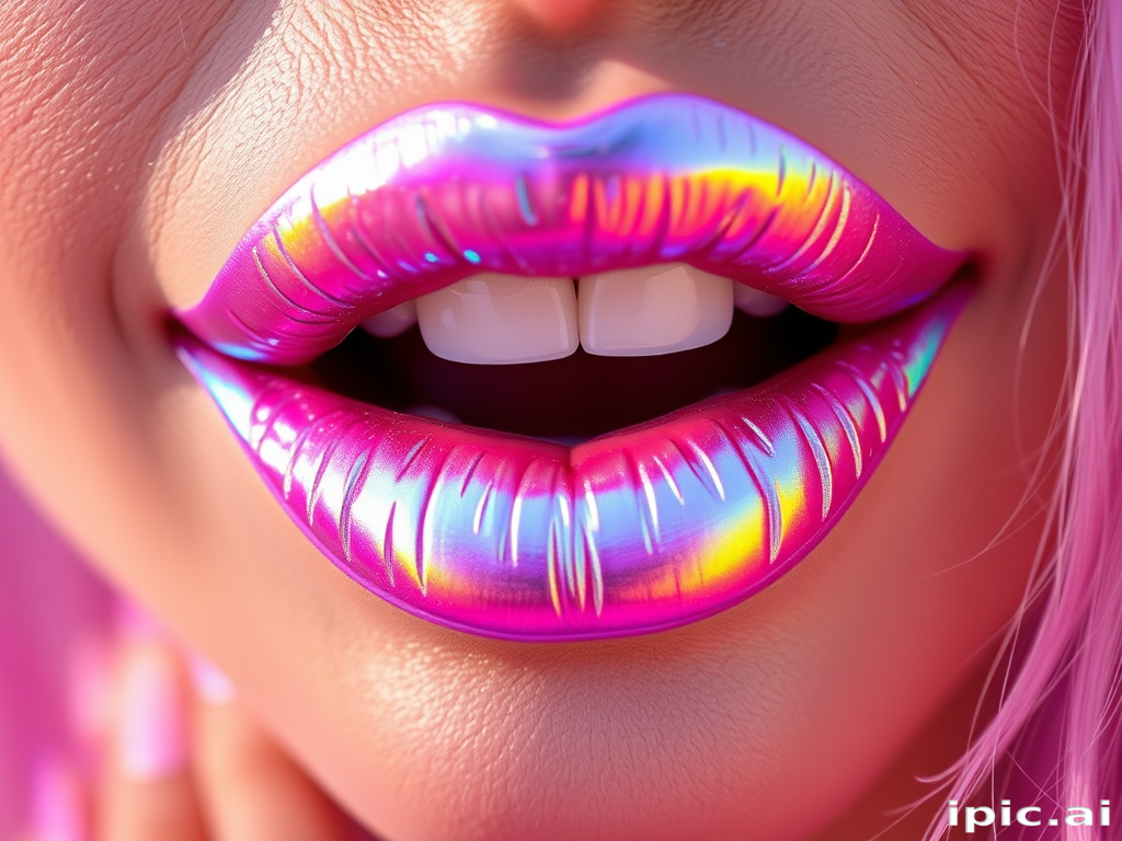 Holographic Unicorn Kiss lip style features an iridescent, multi-colored sheen that shifts in the light, perfect for festival-goers and those with a playful, adventurous spirit