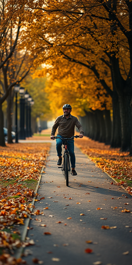 autumn park path with fallen leaves, cyclist riding a vintage bicycle, golden hour lighting, shallow depth of field, Canon EOS R5, 50mm f/1.8 lens, ISO 100, aperture f/2.8, 1/200s shutter speed