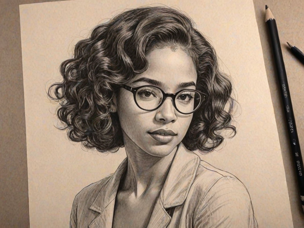 Enchanting Jasmin Savoy Brown, pencil sketch, portrait of Stunning woman 1952s in glasses, hair style beatnik, outline, clear lines, fine lines, 8k