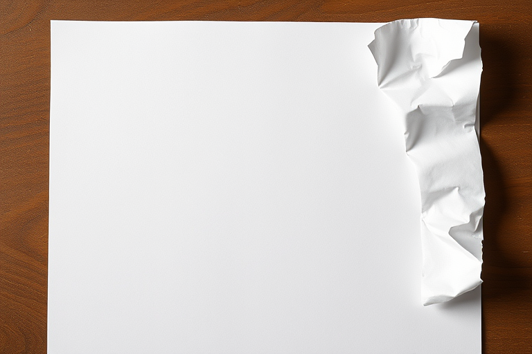 Create a high-resolution image of a blank document with a slightly crumpled top right corner, using a DSLR camera with a 50mm lens at f/2.8, ISO 100, and a slightly overhead angle to enhance details and shadows.
