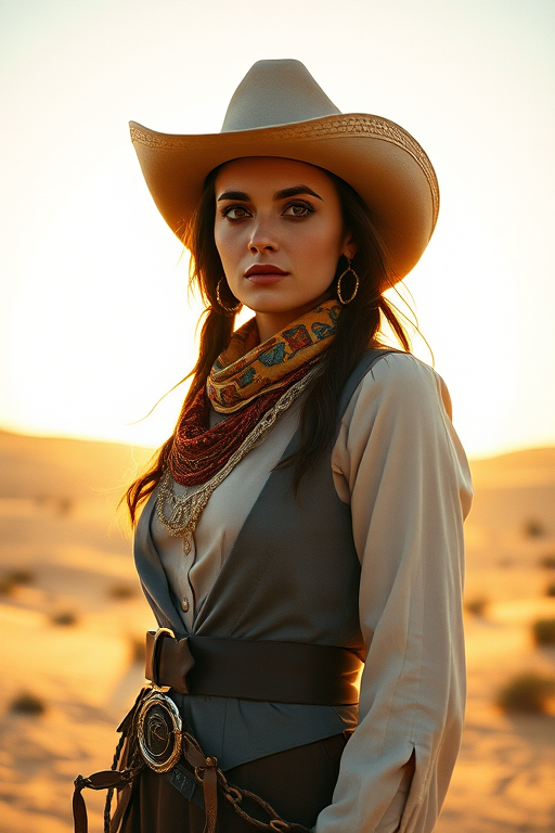 Dramatic photo of a beautiful Druze woman, classic cowboy attire, confident and free spirit expression, half-length portrait, centered, golden hour desert landscape, warm, diffused light, low angle, medium format film camera, in style of Annie Leibovitz.