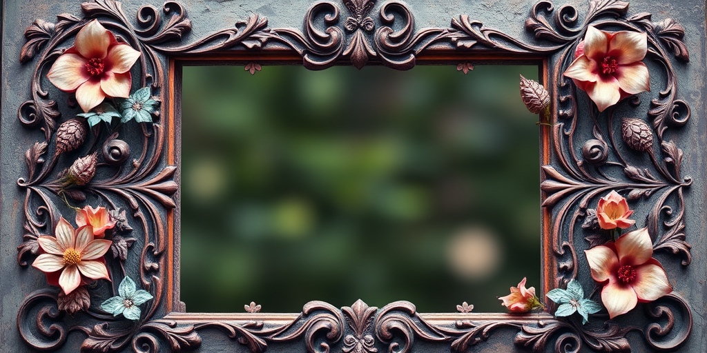 Create a detailed ornate frame with intricate floral designs and vine elements, captured using a DSLR camera with a 50mm lens, f/2.8 aperture, ISO 100, natural daylight, and a shallow depth of field for enhanced image quality.