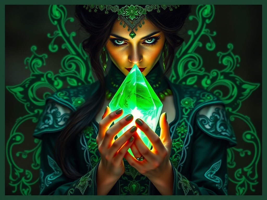 Create an image of a mysterious dark-haired woman in an elaborate green outfit holding a glowing crystal, with intricate emerald designs surrounding her, in a soft focus style, using a Canon EOS R5, 50mm lens, f/1.8 aperture, ISO 100, with natural lighting to enhance the ethereal quality.