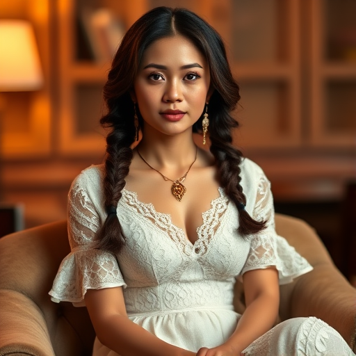 Create a portrait of a refined and elegant Indonesian woman seated in a sophisticated setting. She has long, wavy hair styled in two thick braids that are pulled over her shoulders. She wears a white, lace gown with intricate patterns, featuring a deep V-neckline and short sleeves. The dress exudes a vintage charm with its delicate lacework. She is adorned with ornate, dangling earrings that add a touch of glamour to her appearance. The background is softly lit, with warm, ambient lighting that creates a cozy and inviting atmosphere. Her expression is poised and serene, capturing a sense of grace and elegance.
