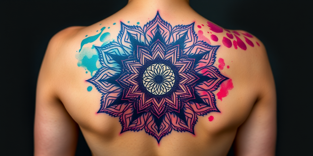 Breathtaking body tattoo featuring intricate mandala patterns in vibrant watercolor style, blending teal and magenta hues across the back, symbolizing spiritual awakening and inner balance
