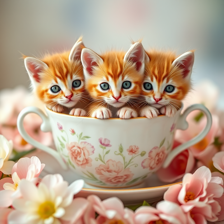 Three fluffy orange tabby kittens with big green eyes sitting adorably in a vintage floral teacup surrounded by soft pastel flowers, shot with a Canon EOS R5, 50mm lens, f/1.8 aperture, ISO 100, soft natural lighting, shallow depth of field for a dreamy background effect.