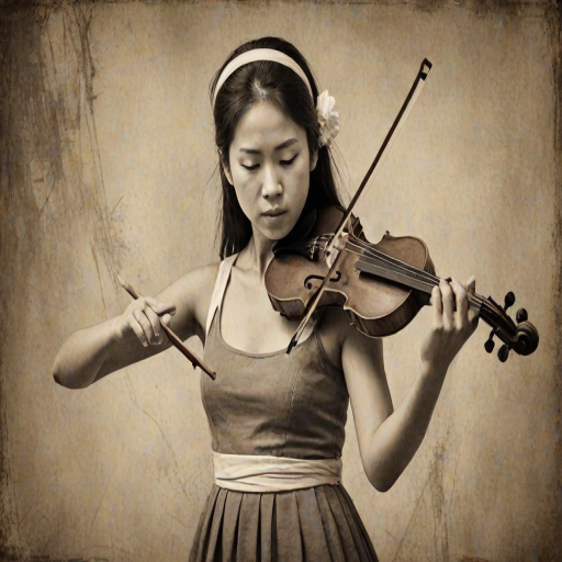a young Ryukyuan woman with a white headband playing a violin, in the style of a charcoal drawing, sepia grunge background