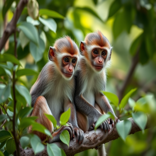 Capture a close-up shot of two monkeys sitting on a branch surrounded by green leaves, using a Canon EOS R5 with a 50mm f/1.8 lens at ISO 200, aperture f/2.8, shutter speed 1/500s, natural light, shallow depth of field for a soft background blur.