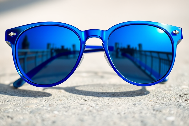 Create a high-resolution illustration of blue sunglasses with reflective lenses, shot from a frontal view, with a Canon EOS R5, 50mm lens at f/1.8, 1/100s exposure, ISO 100, natural lighting to enhance color and detail.