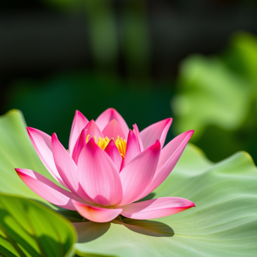 Close-up of a vibrant pink lotus flower on a green leaf, soft natural lighting, aperture f/2.8, shutter speed 1/250 sec, ISO 100, taken with a DSLR camera in macro mode.