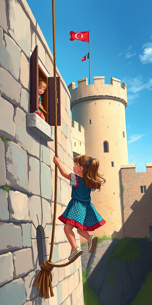 Generate a vibrant, high-resolution artwork depicting a scene of a young girl hanging from a rope outside a castle wall, with another girl looking from a window above, using a DSLR camera with a 50mm lens at f/1.8, ISO 200, 1/250s, natural sunlight for soft shadows, in a painterly style.