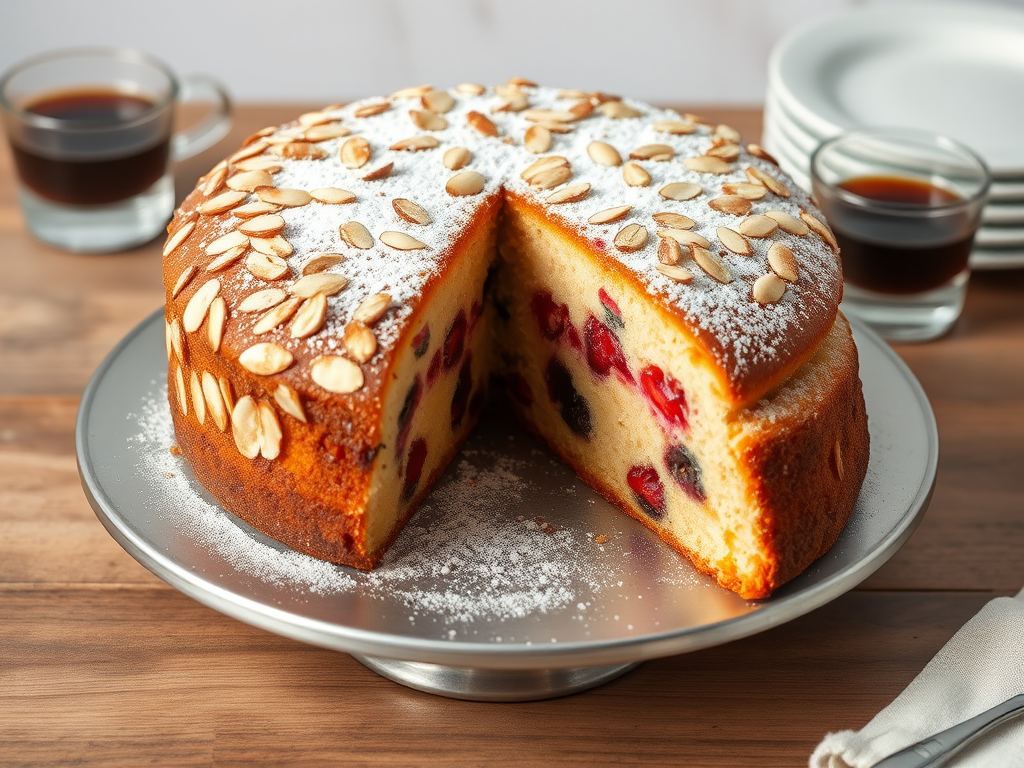 A beautifully baked almond cake topped with sliced almonds and powdered sugar, with a slice removed revealing a moist interior filled with berries, set on a round metal cake stand, accompanied by a small glass of black coffee and a stack of plates in the background.