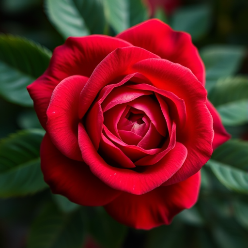 a highly detailed digital rendering of a vibrant red rose with lush green leaves, soft lighting to enhance colors, focus on petals texture, shot with a DSLR camera at f/1.8 aperture, ISO 100, 50mm lens, top-down view for clarity and depth