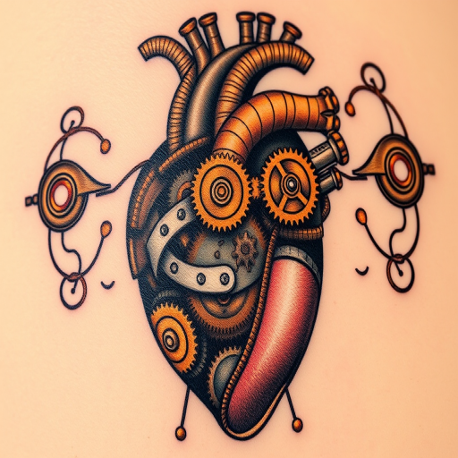 Steampunk mechanical heart tattoo, "Clockwork Pulse," depicting an anatomical heart composed of intricate gears, cogs, and pistons in various metallic shades, with subtle pops of color to represent life and energy flowing through the machinery