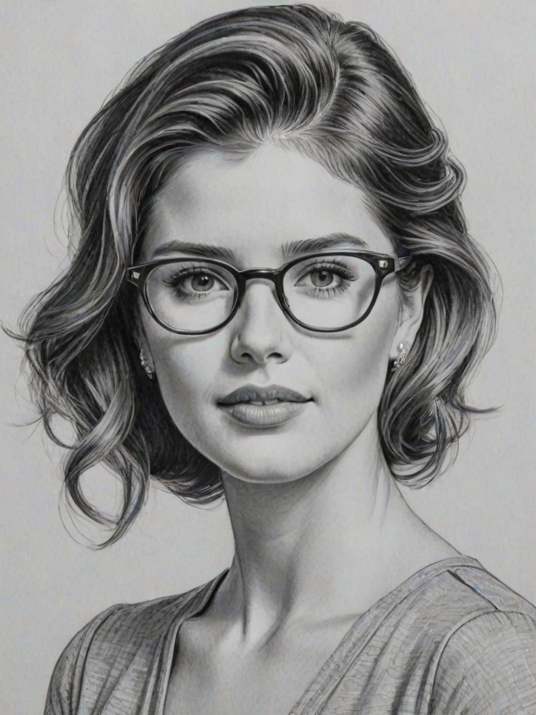 Graceful Katherine Schwarzenegger, pencil sketch, portrait of Enticing woman 1956s in glasses, hair style beatnik, outline, clear lines, fine lines, 8k