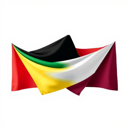 Create a high-resolution vector image of intertwined flags featuring the colors blue, black, white, red, green, yellow, and maroon, using a Canon EOS 5D Mark IV with a 50mm f/1.8 lens, ISO 100, aperture f/8, and a clear, frontal view for vibrant color reproduction and sharp details.