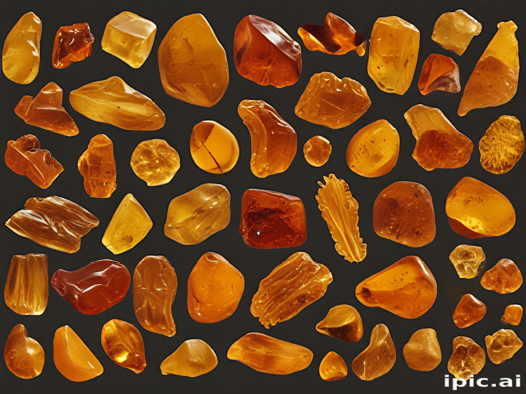 A Beautiful Collection of Various Amber Stones Displayed on a Dark ...