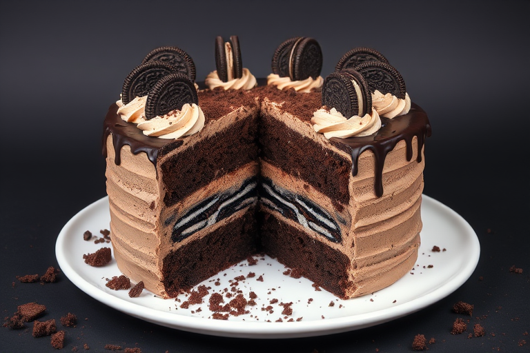 A delicious chocolate cake with layers of creamy frosting and Oreo cookies on top, featuring a slice cut out to reveal the chocolate layers inside, presented on a white plate with cookie crumbs around it, against a dark background.