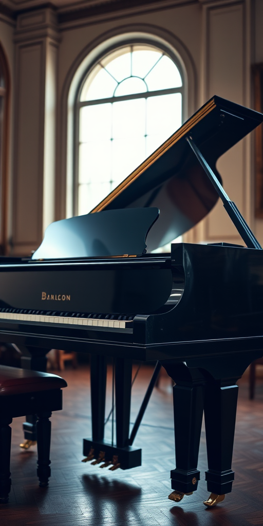 Generate a high-resolution image of a grand piano with the lid open, captured from a low angle, using a DSLR camera at f/2.8 aperture, ISO 100, and a focal length of 50mm, with natural lighting to enhance details and textures.