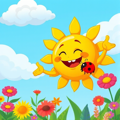 Create a playful cartoon scene featuring a cheerful sun character with arms, smiling face, and a ladybug on its finger, surrounded by colorful flowers, against a bright blue sky with fluffy clouds, captured with a DSLR camera, aperture f/8, ISO 100, focal length 35mm, in a vibrant flat style.